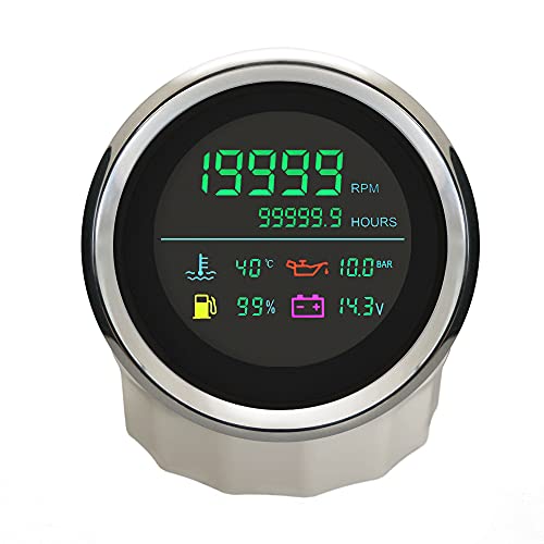 ELING 6 in 1 Adjustable Car Gauge Set Tachometer Fuel Level Gauge Water Temp Oil Pressure Hourmeter Voltmeter 12V 24V 85mm for Boat Auto Snowmobile Motor (Black+Stainless) - color: Black+Stainless Steel