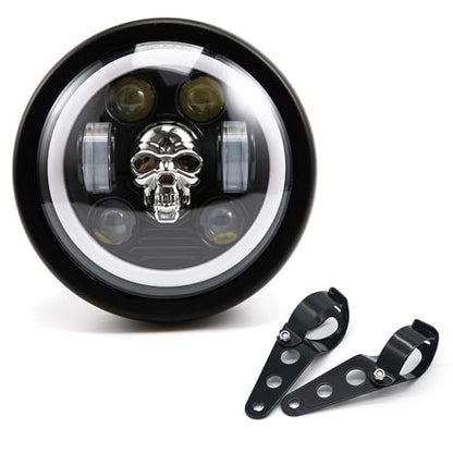 Motorcycle Headlight 5.75 inch Round LED with Mounting Brackets Assembly, Front Headlamp with DRL High/Low Beam for Cafe Racer E-bike Bobber Chopper (style D) - style: style D