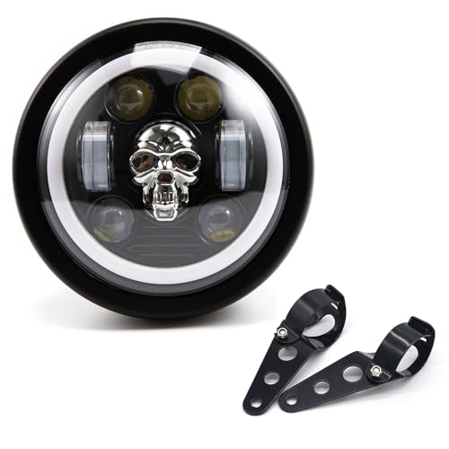 Motorcycle Headlight 5.75 inch Round LED with Mounting Brackets Assembly, Front Headlamp with DRL High/Low Beam for Cafe Racer E-bike Bobber Chopper (style D) - style: style D