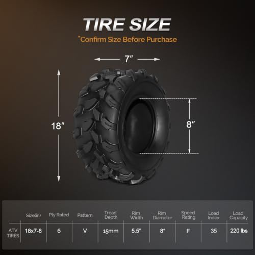 TUFFIOM Set of 2 ATV UTV Tires, 18x7-8, 6PR All-Terrain Mud Tires with Directional Tread, Drainage, Strong Srip and Snow-breaking for Rainy/Snowy Areas, Tubeless Trail Tire - size: 18x7.00-8 (2 pack)