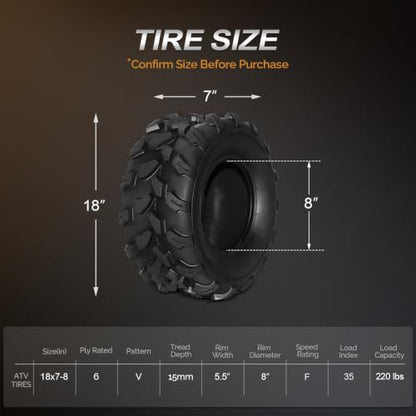 TUFFIOM Set of 2 ATV UTV Tires, 18x7-8, 6PR All-Terrain Mud Tires with Directional Tread, Drainage, Strong Srip and Snow-breaking for Rainy/Snowy Areas, Tubeless Trail Tire - size: 18x7.00-8 (2 pack)