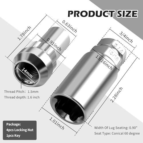 M14x1.5 Car Wheel Locking Lug Nuts,Anti-Theft Wheel Locks Lug Nuts Kit with Locking Lugs Nut Key,Carbon Steel Wheels Locks Lugs Nut Compatible with Cadillac Chevrolet GMC