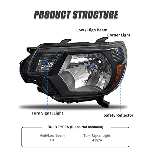 Headlight Assembly Pair for 2012-2015 Toyota Tacoma Black Housing Amber Reflector Left Right W/O Bulbs - color: Black Housing Amber Reflector Clear Lens