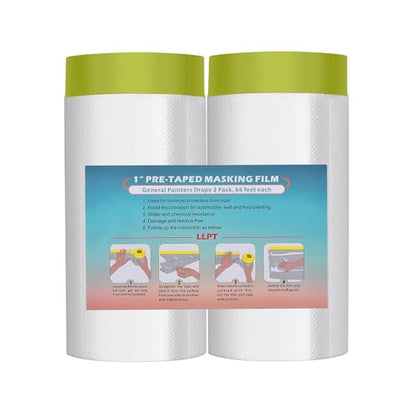 LLPT Pre-Taped Masking Film, 59.1" Unfolded x 66Ft, 0.31 Mil, 2 Pack - size: 59.1 Inch x 66 Ft