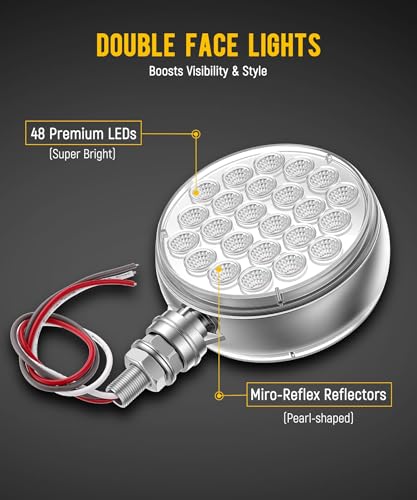 Partsam 2Pcs Double Face Round LED Pedestal Lights Fender Stop Turn Signal Tail Brake Lights Clear Lens 48 LED Post Mount Semi Trailer Replacement for Trailers Trucks, 10-30V - size: 4"