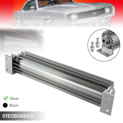 Universal 12'' Aluminum Dual Pass Finned Transmission Oil Cooler W/Fittings Silver - color: Silver, size: 12''