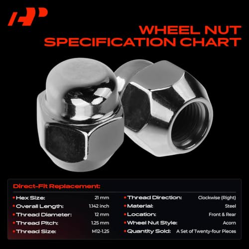 A-Premium Front & Rear M12-1.25 Wheel Lug Nuts, Set of 24 - size: 24 PCS