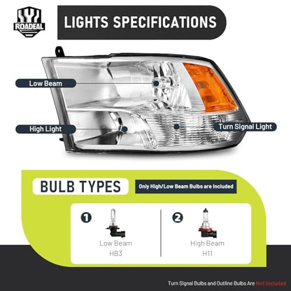 Headlights for 2009-2018 Dodge Ram 1500 Quad-Hole Single Headlight - color: A/Chrome Housing Amber Reflector Clear Lens