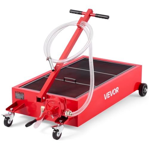 VEVOR Low Profile Oil Drain Pan, 20 Gallon Capacity, Rolling Oil Drain Pan with Manual Pump, 7.2 ft Hose & T Folding Handle, Leak-Proof & Corrosion-Resistant, Fit for Cars, SUVs, Trucks, ATVs, Red - size: 49.21 x 23.62 x 25.98 in