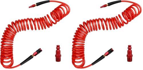 Hromee 1/4 in x 25 ft Polyurethane Recoil Air Hose with Bend Restrictors Compressor Hose with 1/4" Industrial Universal Quick Coupler and I/M Plug Kit, Red (Pack of 2) - size: 25FT (Pack of 2)