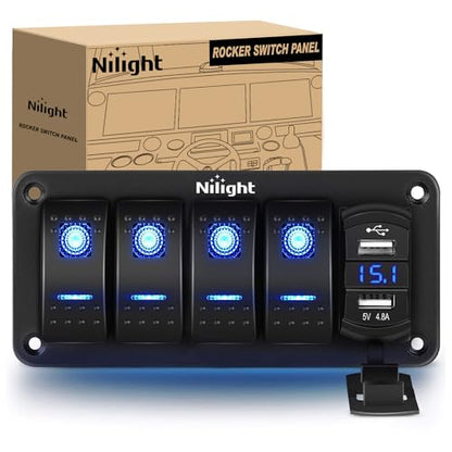 Nilight 4 Gang Rocker Switch Panel with 4.8 Amp Dual USB Charger Voltmeter - color: Blue, size: 5 Gang Dual USB