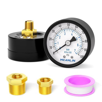 MEANLIN MEASURE 0-100Psi 2" DIAL FACE 1/8" NPT Well Pump Pressure Gauge, with 1/4" NPT and 3/8" NPT Hex Bushing, 3-2-3% Accuracy, Center Back Mount - color: 1/8"NPT Back Mount, size: 0-100Psi