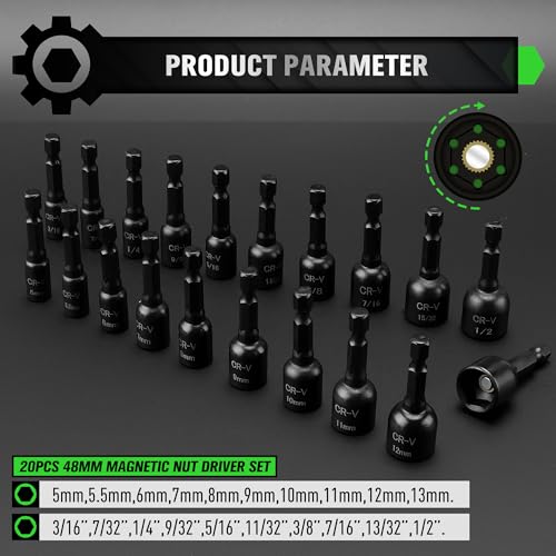 20-Piece Magnetic Nut Driver Set, Metric & SAE 1/4" Hex Shank, Drill Socket Set, Impact Driver Bit Set, Magnetic Bit Holder with Aluminum Alloy Snap Clip, Quick Change Tool - color: 20pcs 48mm Black