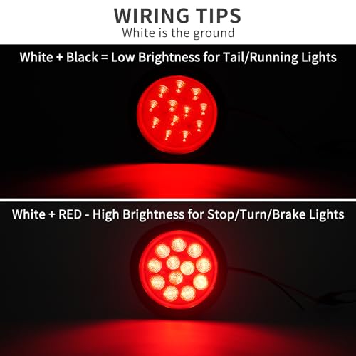 2PCS 4" Round Red LED Trailer Tail Lights - 12 Diodes 3-in-1 Stop/Brake/Turn Lights w/Surface Mount Grommets & 3-Prong Pigtails for Truck Trailer RV Jeep Boat - color: red