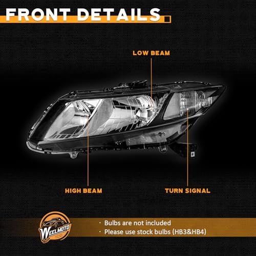WEELMOTO Halogen Headlights Assembly for 2012-2015 Honda Civic 4Dr Sedan - color: Clear Lens l Black Housing l Clear Reflector