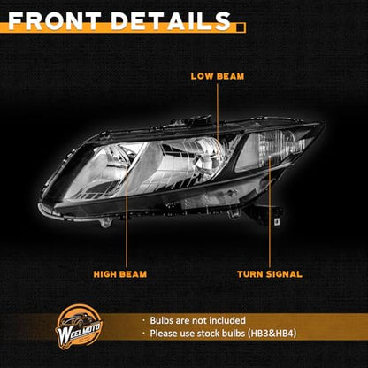 WEELMOTO Halogen Headlights Assembly for 2012-2015 Honda Civic 4Dr Sedan - color: Clear Lens l Black Housing l Clear Reflector