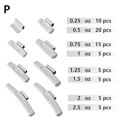 P-M70 Wheel Weight Kit P StyleGrey 70pcs/kit: 1/4oz 10pcs, 1/2oz 20pcs, 3/4oz 15pcs, 1oz 5pcs, 1 1/4oz 5pcs, 1 1/2oz 5pcs, 2oz 5pcs and 2 1/2oz 5pcs - size: P-M70