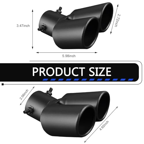 Dual Exhaust Tips, Stainless Steel Car Muffler Exhausts with Bolt, 2.48" Double Outlet Bending Auto Tail Pipe Muffler Tip, Universal Car Exhaust Pipe Modification Accessories (Black)