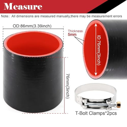 Silicone Straight Hose 3 inch(76mm) Coupler, Rubber 4-ply Reinforced 3 inch Length Pipe 3×3 Air Intake Exhaust Hose Turbo Intercooler Coolant Radiator Tubing with Stainless Steel T-Bolt Clamps - size: 3 Inch