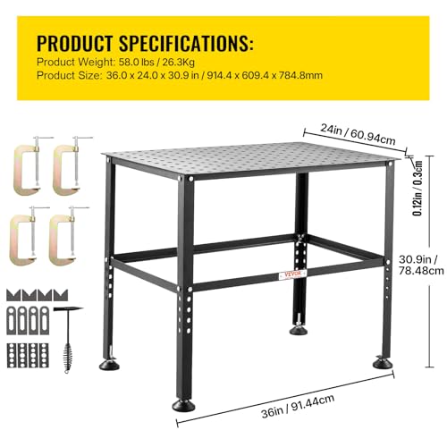VEVOR Welding Table 36" x 24", 800LBS Capacity Welding Workbench Table, Heavy-Duty Work Bench with 0.63" Fixture Holes and Non-Slip Foot Pads for Welding Assembly Repair Works