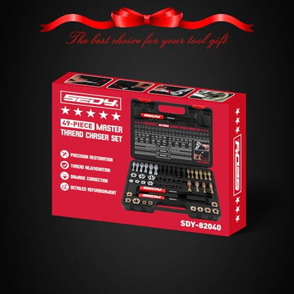 Thread Repair Thread Chaser Tool Set - 49PCS Thread Cleaner Rethreading Master Kit Metric SAE Bolt Restorer File Nut Rethreader Automotive Wheel Stud Spark Plug Engine Standard Screw Threading UNC UNF