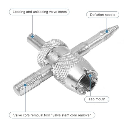 4-Way Valve Core Tool Tire Valve Tools, 4-in-1 Tire Valve Core Removal Tool, Multifunctional Auto Tire Stem Core Remover Installer, Universal for Car Motorcycle Bicycle
