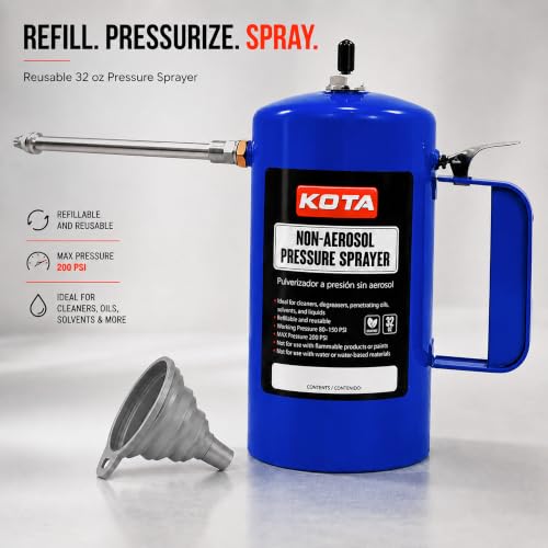 LAUCO Non Aerosol Pressure Sprayer - Refillable Pressurized Sprayer Bottle for Oil, Solvent, Degreasers, Lubricants - Rechargeable Steel Canister with Brass Nozzles, 32oz. (1, Blue) 69533 - color: Blue