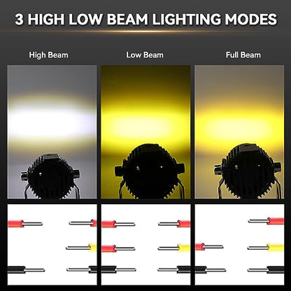 AUTOXBERT 2PCS Motorcycle LED Driving Fog Lights，60W High Low Beam White and Amber Lights Motorcycle Auxiliary Spotlight for Jeep Offroad ATV SUV