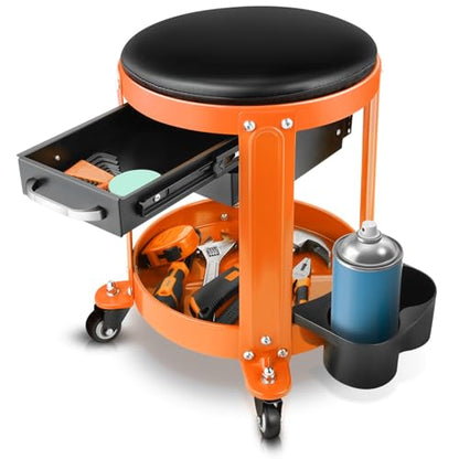 Auto Dynasty Mechanic Stool Chair w/Tool Tray & Rotatable Seat, Orange - color: Orange