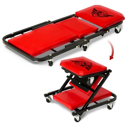 BullsArmor Mechanic Creeper Bench & Stool 2 in 1 - Folding Adjustable Chair Z Design 300 Lbs Capacity - Heavy Duty Garage Seat Tool 6 Wheels - Gift Ideas for Car Guy Maintenance Repair Shop Equipment