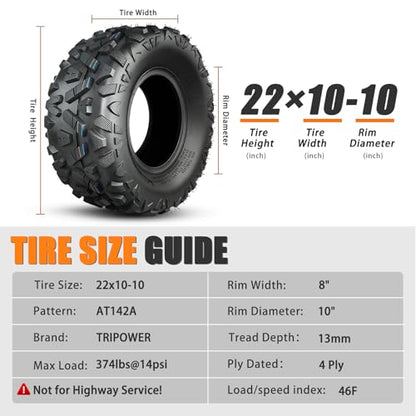 TRIPOWER 22x10x10 ATV UTV Tires 22x10-10 All Terrain Trail Sand Mud Off-Road Tire, 4PR Tubeless, Set of 2 - size: 22x10-10