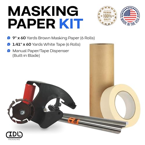IDL Packaging Masking Kit - 9" x 60 Yards Brown Masking Paper (6 Rolls) & 1.41" x 60 Yards White Tape (6 Rolls) & Masking Paper/Tape Dispenser (Built-in Blade) - size: Pack of 6, style: Masking Kit 9" White