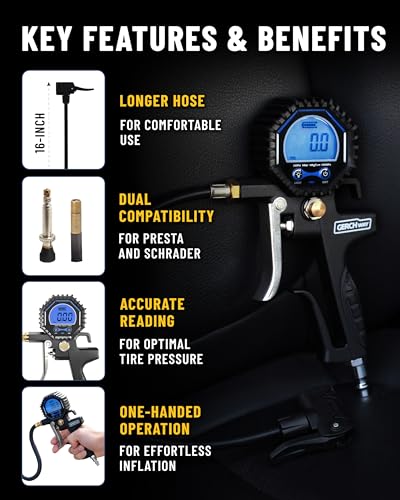 Presta Valve Adaptor with Pressure Gauge and Inflator for Air Compressor