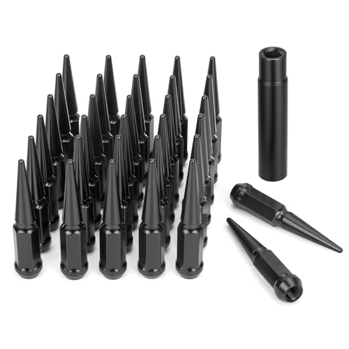Dynofit 14x1.5 Spike Lug Nuts for Chevy Silverado 1500 GMC Sierra 2500HD 3500HD, 32pcs One-Piece Design Spiked Lug Nuts Fit F250 F350 Ram 2500, Black Hex Drive Bullet Nut for 6&8 Aftermarket Wheel - color: Black, size: M14x1.5 32 pcs