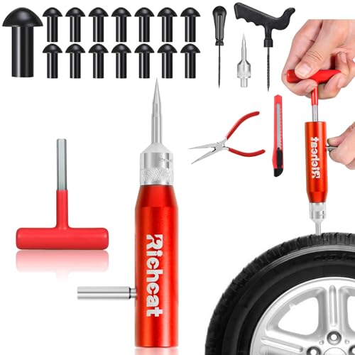 Richcat Tubeless Tire Puncture Repair Kit with Mushroom Plug, Repairs punctures and Flat Tires for Motorcycles, Cars, Trucks, ATVs and Tractors - size: 15Plugs Kit