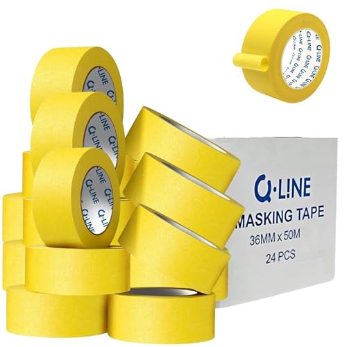 Automotive Masking Tape 36mm x 50m – Yellow Auto Body Paint Tape for Car Painting & Detailing | High Adhesion, Clean Removal, Water Resistant | Automotive Refinish Masking Tape Bulk Pack (24 Rolls)