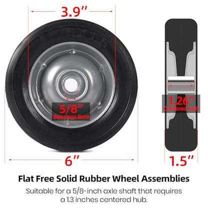 (2-Pack) AR-PRO 6” x 1.5” Flat Free Solid Rubber Wheel Assemblies - Replacement Hand Truck Wheels with Ball Bearings and 5/8” Bore Hole Diameter - Heavy-Duty Solid Rubber Wheels 132 lbs Load Capacity - size: 5/8"