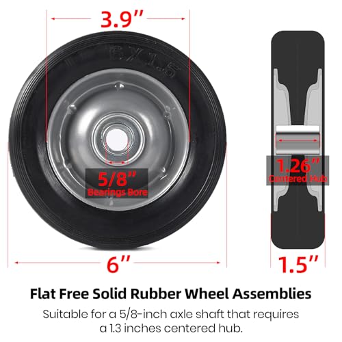 (2-Pack) AR-PRO 6” x 1.5” Flat Free Solid Rubber Wheel Assemblies - Replacement Hand Truck Wheels with Ball Bearings and 5/8” Bore Hole Diameter - Heavy-Duty Solid Rubber Wheels 132 lbs Load Capacity - size: 5/8"