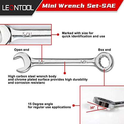 Mini Wrench Set, 10-Piece SAE Wrenches, Rust-Resistant Chrome Finish, Ideal for Automotive, Industrial, Home, Hobby - Silver - style: SAE