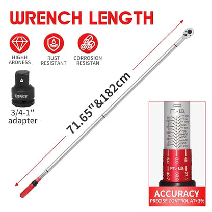 1 Inch Torque Wrench, 24 Tooth Torque Wrench 1'' Drive 200-1000FT.LB/271-1356.7N.M with a Solid Storage Case - size: 1''-1000FT.LB