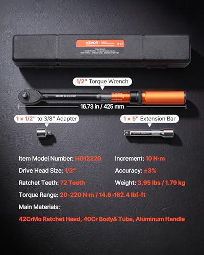 VEVOR Torque Wrench, 1/2-inch Drive Click Torque Wrench, 14.8-162.4 lbf-ft / 20-220 N.m, Dual Scale Readings, ±3% High Precision, with Extension Bar, Adapter and Storage Case, for Automotive Repair - size: 1/2" 3 PCS