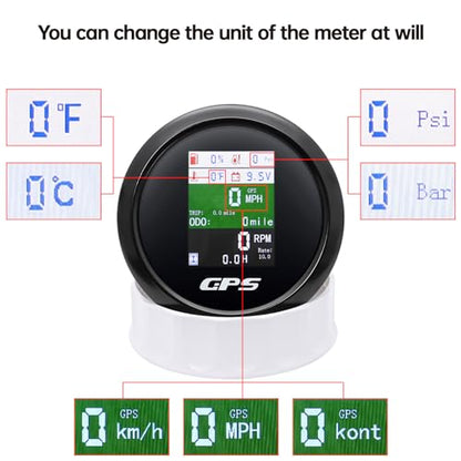 6-in-1 GPS Speedometer 3-3/8" 85mm MAIMEIMI Multi-Functional Adjustable Tachometer Voltmeter Fuel Level Water Temp Oil Pressure with Alarm for Car Boat Marine 9-32V - color: All Black