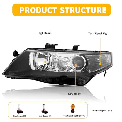 Headlights Assembly LH+RH Replacement for Acura TSX 2004-2005 - color: black