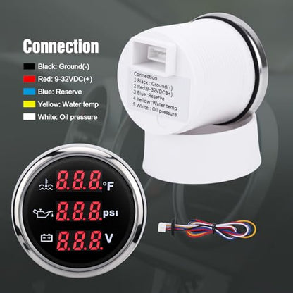 Triple Gauge Set 3in1,Water Temp (104°F-248°F), Oil Pressure (0-145PSI), Voltmeter (9-32V), AUTO Gauge with Digital Display Alarms for Cars Trucks Boats (Red) - color: Red