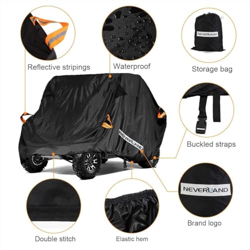 NEVERLAND UTV Cover Heavy Duty Ranger Cover Waterproof 2-3 Seater/4-6 Seater Side by Side Covers 4 Door All Weather Storage with Reflective Strip Compatible with Polaris RZR General Can-Am Yamaha SxS - size: M: 126"Lx 65"Wx 73"H (Single row seat）