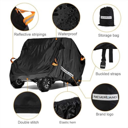 NEVERLAND UTV Cover Heavy Duty Ranger Cover Waterproof 2-3 Seater/4-6 Seater Side by Side Covers 4 Door All Weather Storage with Reflective Strip Compatible with Polaris RZR General Can-Am Yamaha SxS - size: M: 126"Lx 65"Wx 73"H (Single row seat）