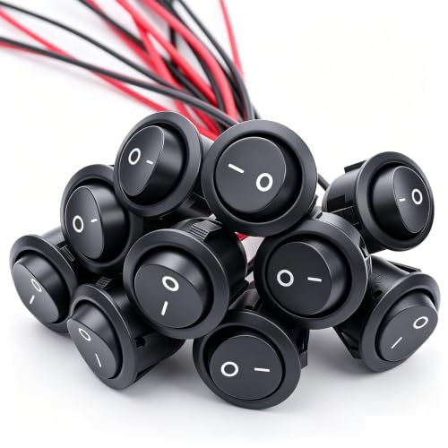TWTADE 10Pcs Round Rocker Switch ON Off Switch 12V Toggle Switches 2Pin SPST with Pre-Wired 6A/250V 10A/125V AC for Boat, Car etc.KCD1-X-Y - size: ON/Off Pre-wired - 10PCS, style: Round