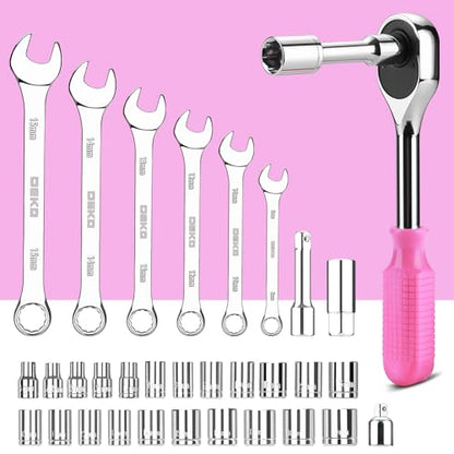 DEKOPRO Tool Set: 228 Piece Home Tool Kit, Household Basic Repair Tool Set Comes with Storage ToolBox, Socket Wrench Set for Car, Hand Tool Box Set for Home - Pink - color: Pink