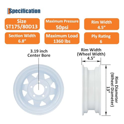 GarveeTech ST175/80D13 Trailer Tire and Wheel Assembly, 5 Lug, Set of 2 - size: ST175/80D13, style: 5 Lug