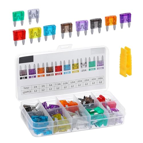 120 PCS Car Fuses Assortment Kit, Low Profile Mini Blade Fuse Kit with Fuse Puller, 2A 3A 5A 7.5A 10A 15A 20A 25A 30A 35A Replacement Fuses for Car Boat Truck SUV (Multicolored)
